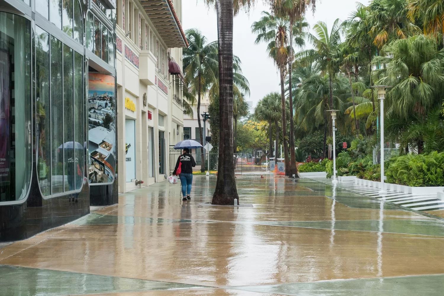 Lincoln Road Mall in Miami Beach on a rainy day