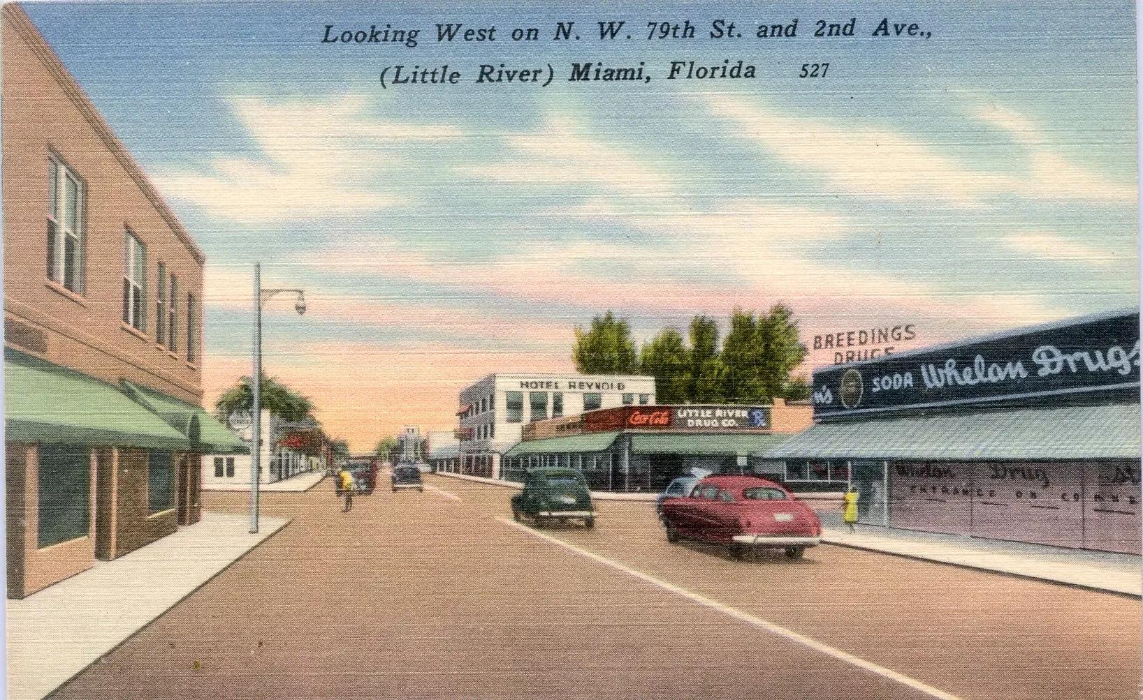 textured, colored vintage postcard captioned "Looking West on N. W. 79th St. and 2nd Ave., (Little River) Miami, Florida" and showing Whelan Drugs, Hotel Reynold, etc.