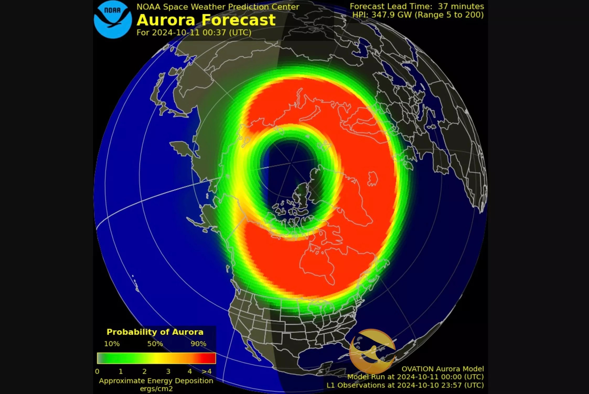 Screenshot of a graphic showing Northern Lights forecast for October 10-11, 2024