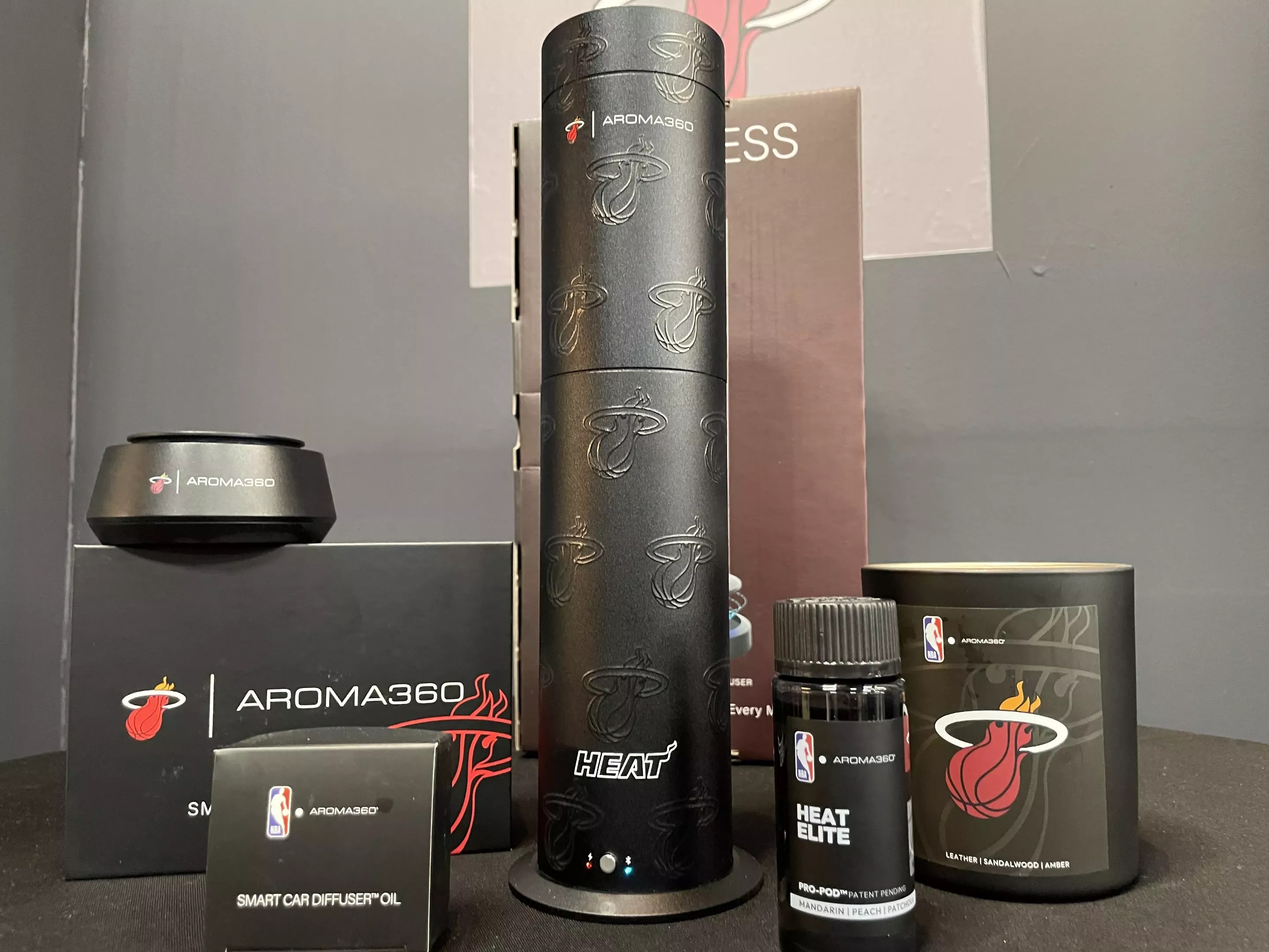 Miami Heat-themed Aroma360 diffusers, candles, and car scent products