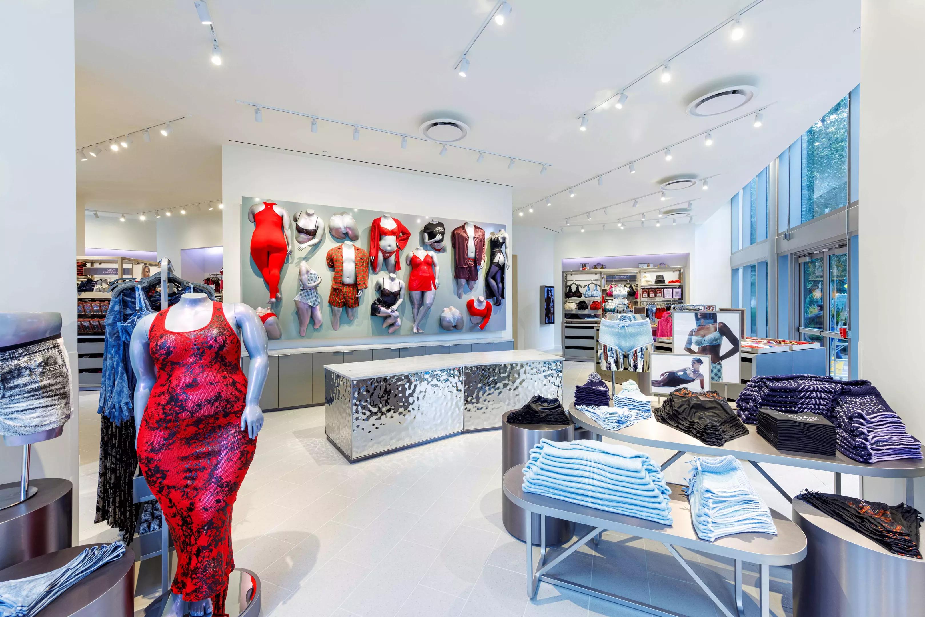 Interior design of Savage X Fenty's Miami store featuring bold colors and modern decor