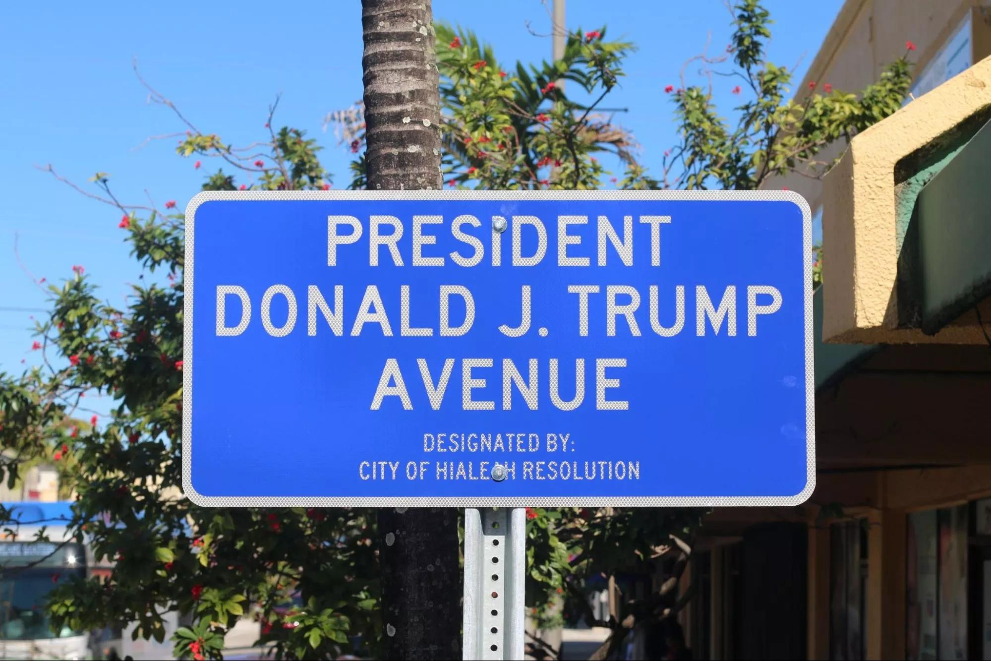 Photo of a ceremonial blue sign redesignating Palm Avenue as President Donald J. Trump Avenue