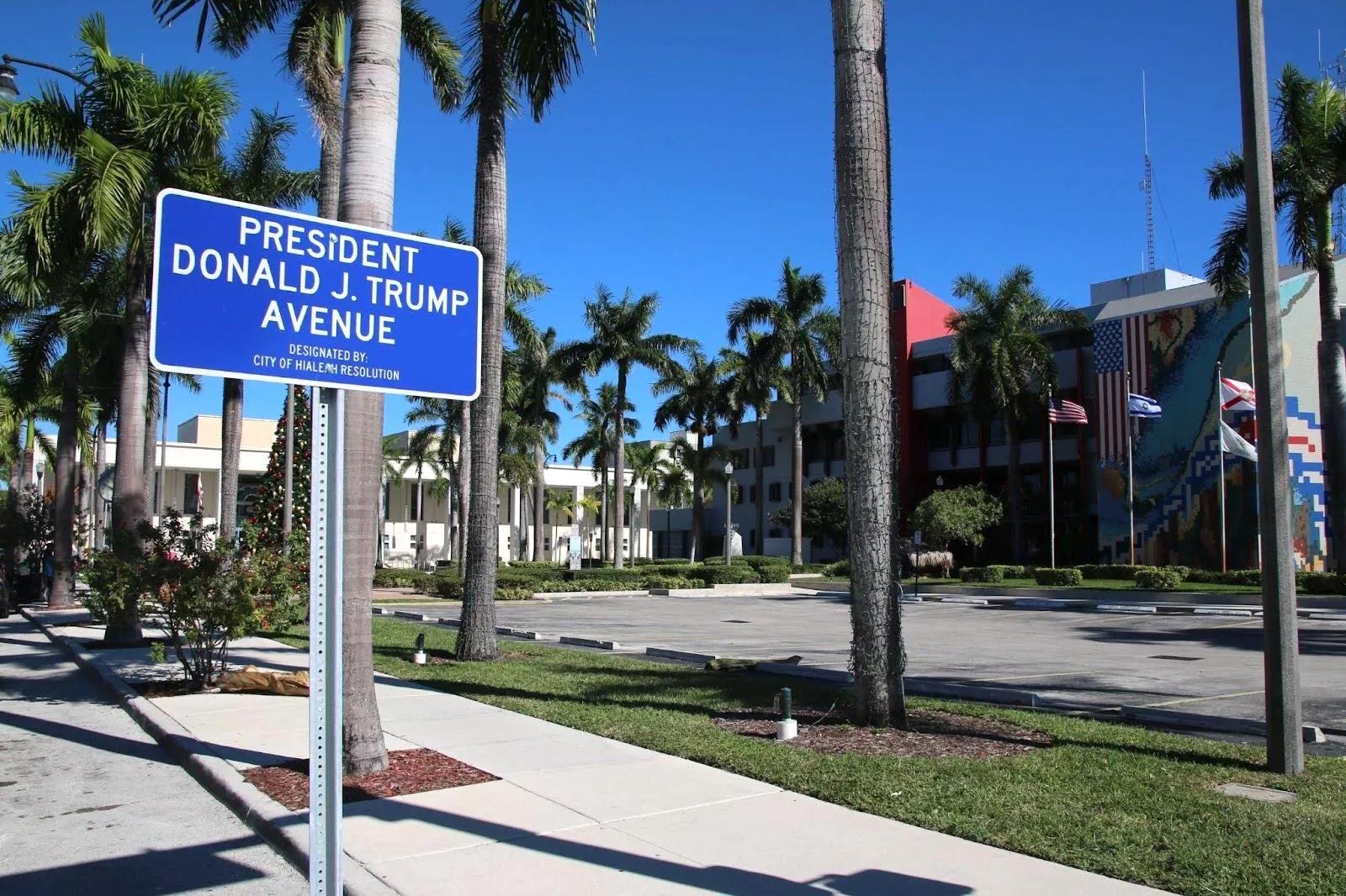 Photo of a ceremonial blue sign co-designating Palm Avenue as President Donald J. Trump Avenue