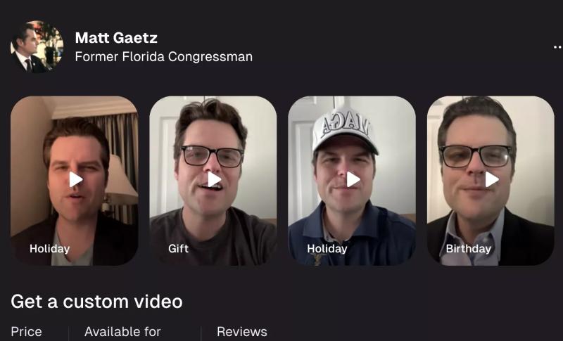 Cameo screenshot displaying Matt Gaetz's various options for videos and his rate