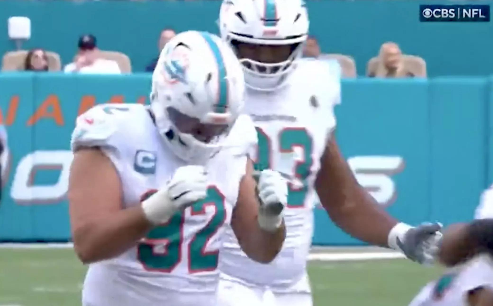 screenshot of Miami Dolphins lineman Zach Sieler doing the "Trump Dance."