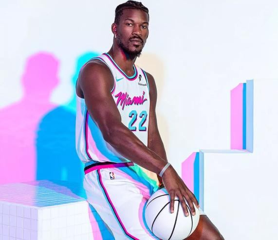 Jimmy Butler models the Miami Heat's "Vice" uniform