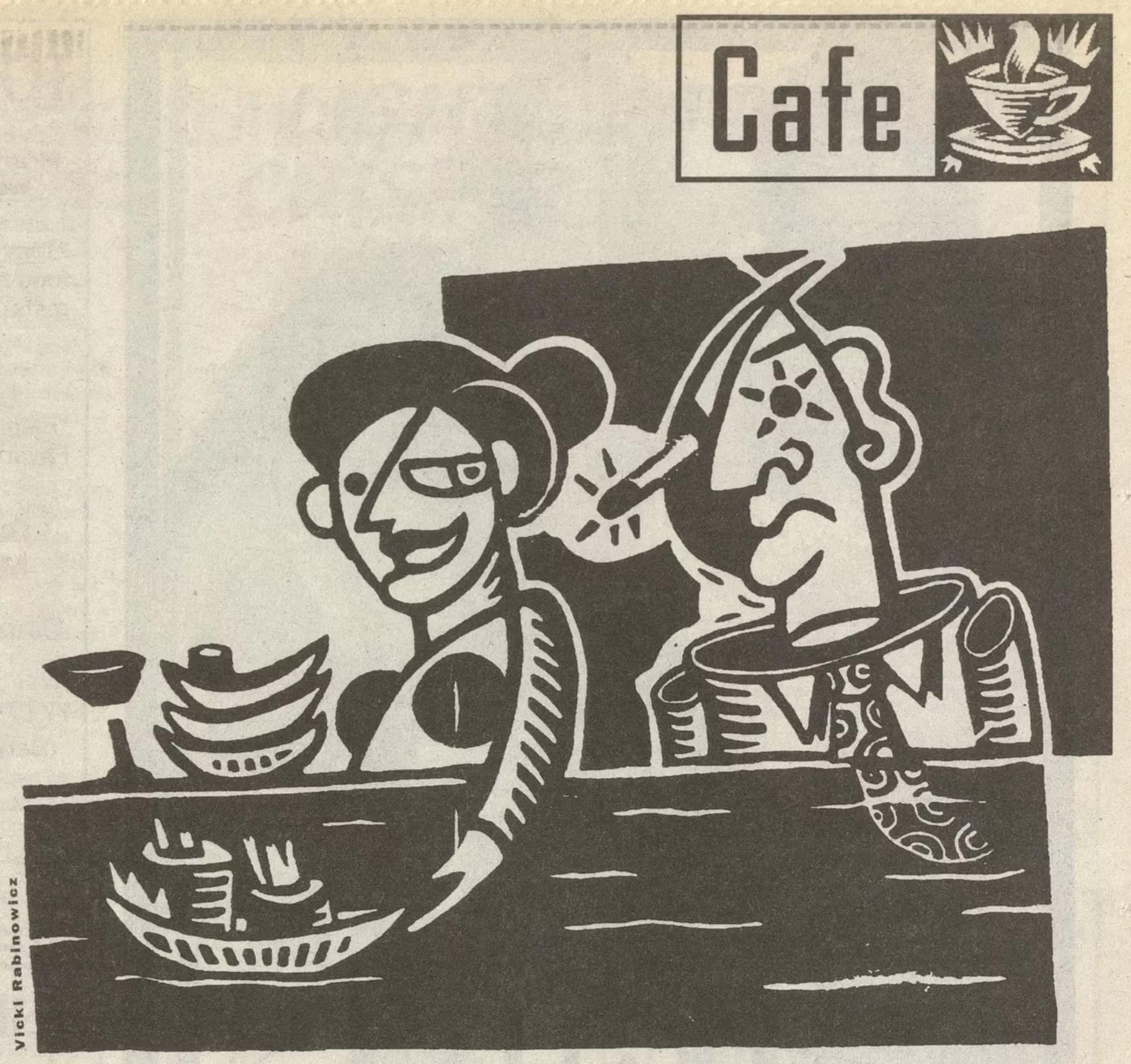 abstract black and white illustration of two people and a "sushi boat"