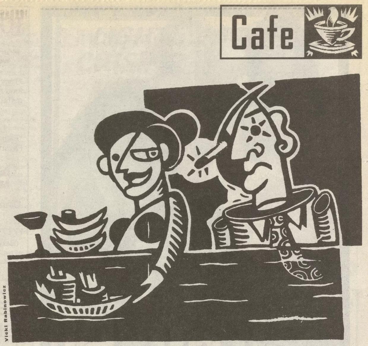 abstract black and white illustration of two people and a "sushi boat"