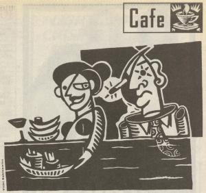 abstract black and white illustration of two people and a "sushi boat"