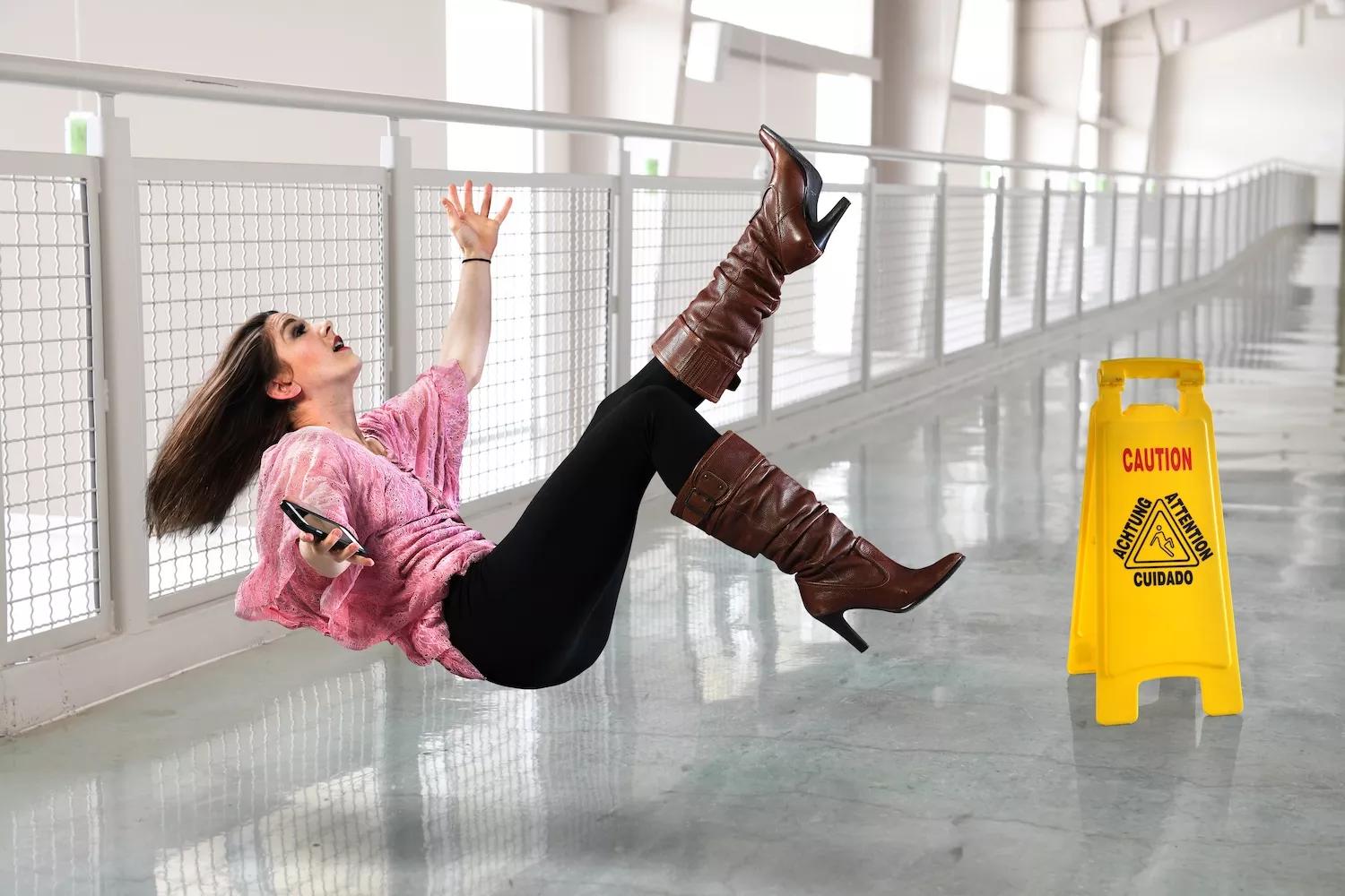 Stock photo of a woman falling on a wet floor