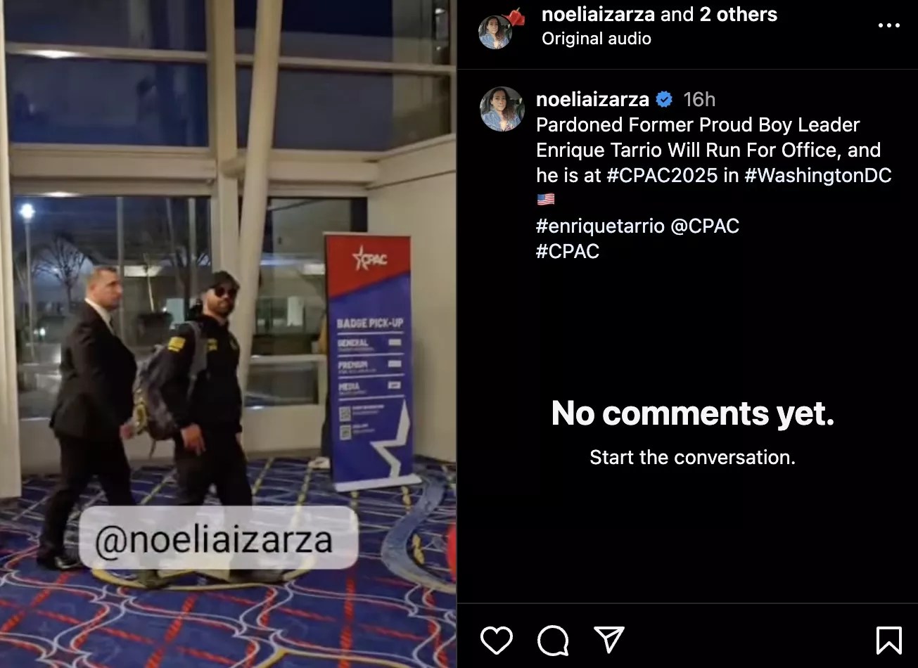 Screenshot of Instagram post of Enrique Tarrio getting escorted out of CPAC