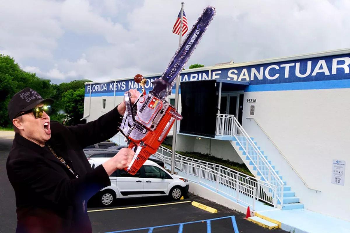 A photoshopped image of Elon Musk holding a chainsaw next to Florida Keys National Marine Sanctuary Office in Key Largo