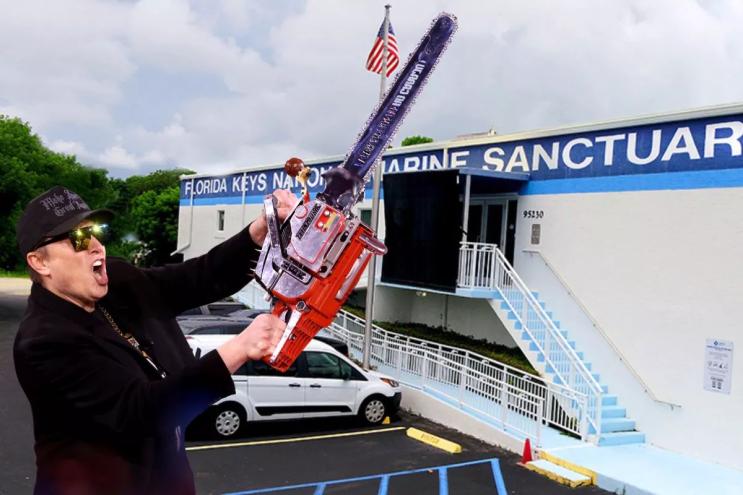 A photoshopped image of Elon Musk holding a chainsaw next to Florida Keys National Marine Sanctuary Office in Key Largo