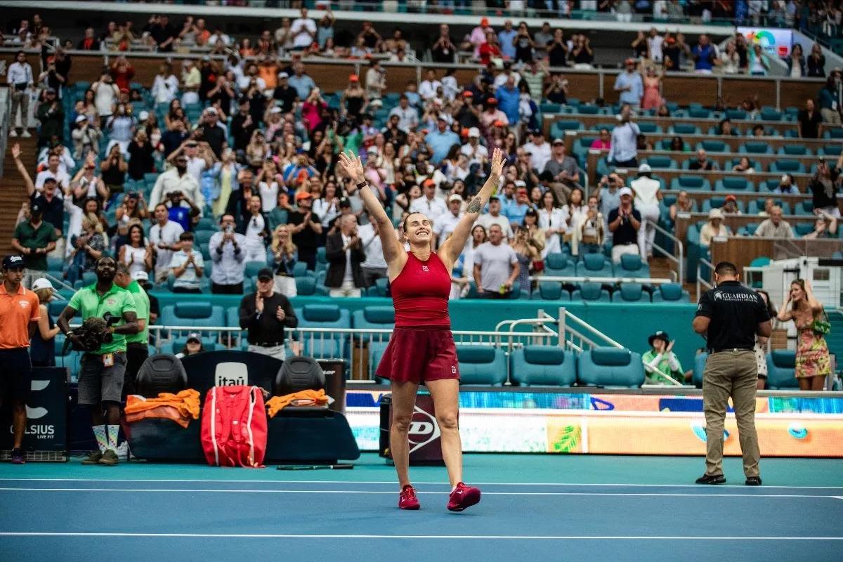 Arena Sabalenka cheers after winning the Miami Open women's final