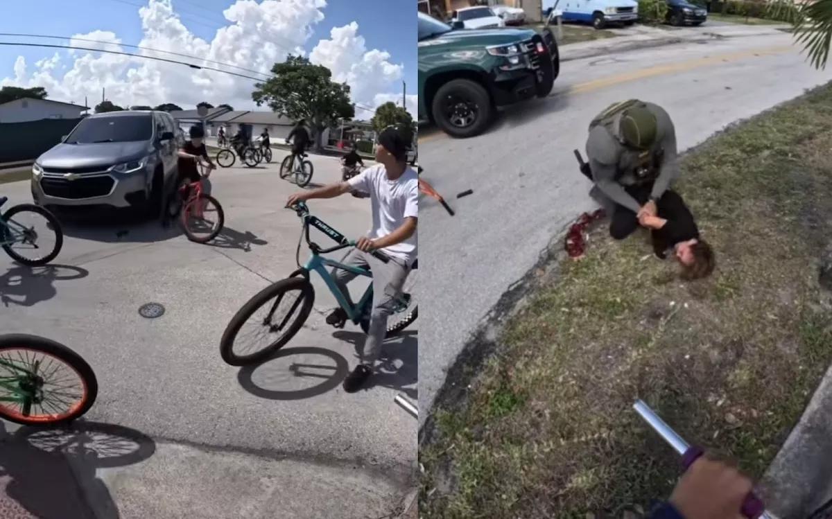 Screenshots of teenagers on bicycles were gathered at an intersection in Deerfield Beach, and a boy on a bike being tackled by a BSO police officer.