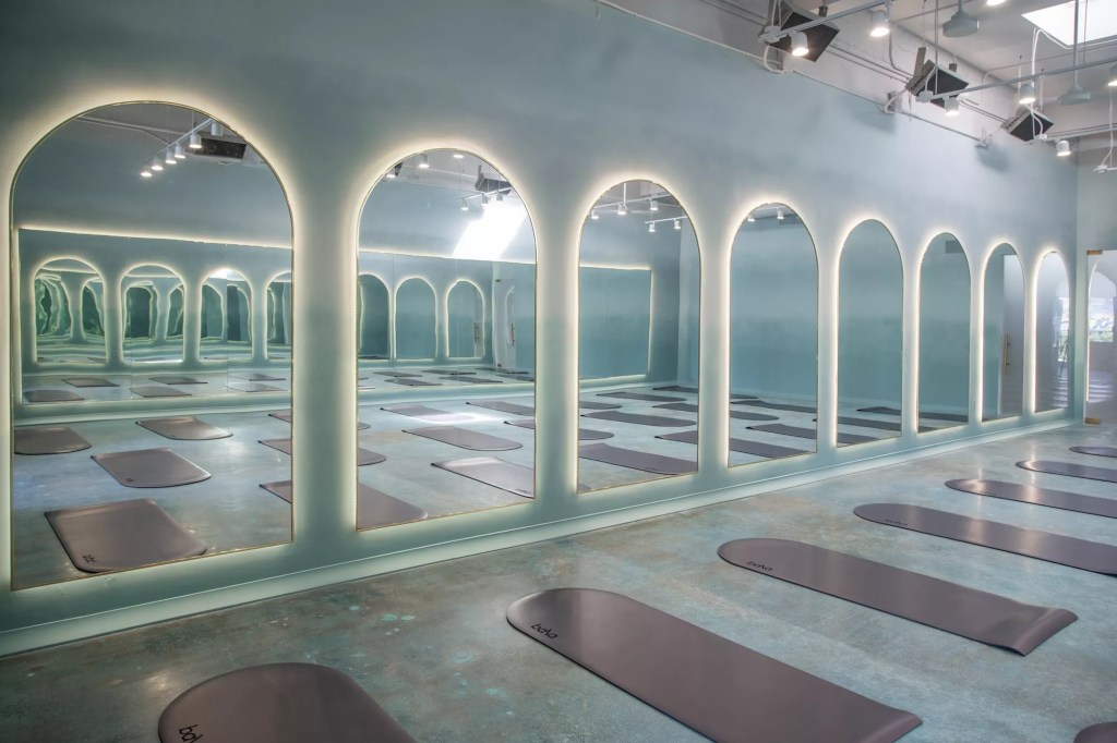 photo of a room with domed mirrors and domed mats on the ground