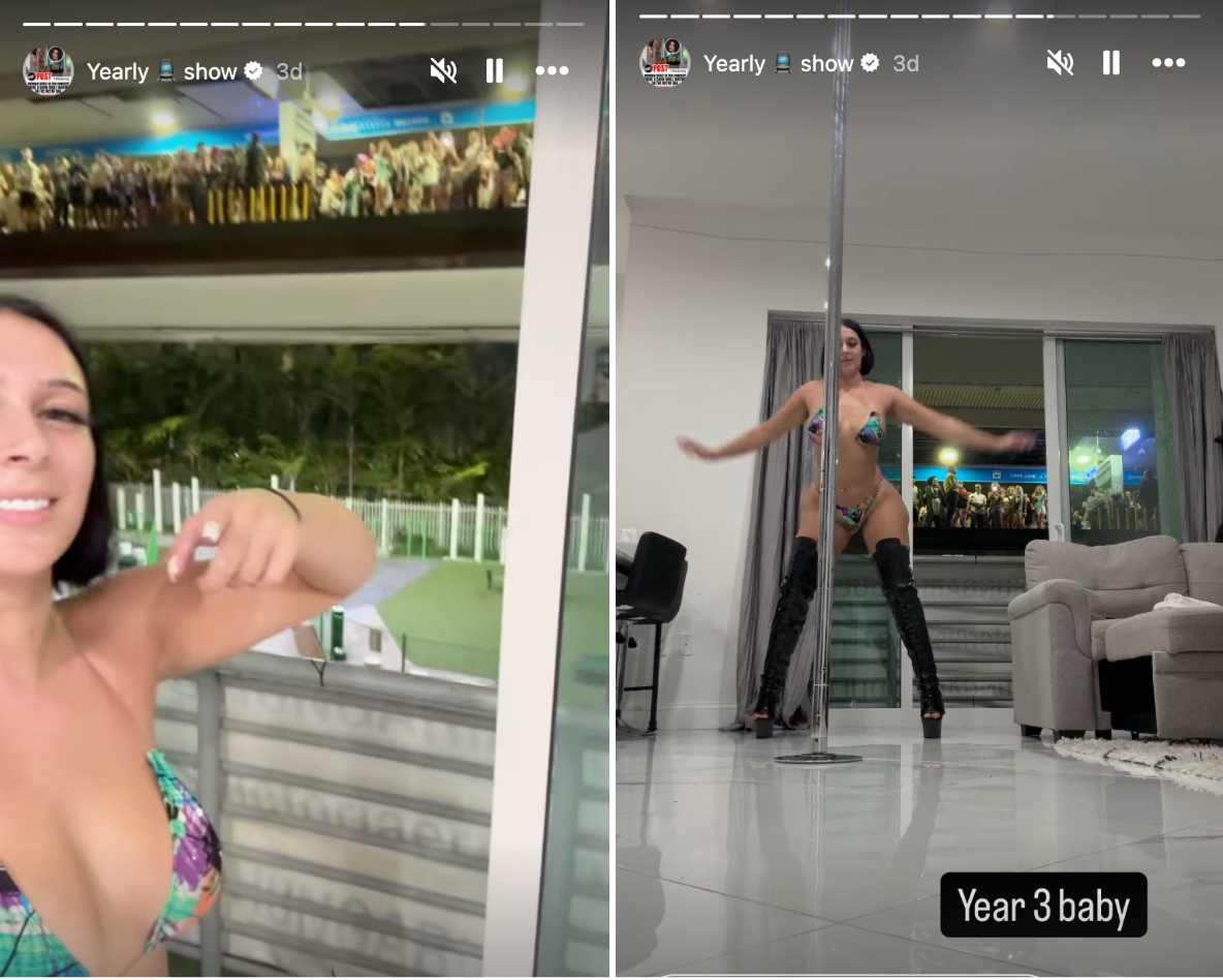 social media screenshots of a stripper dancing for a crowd on a train platform across from her apartment window