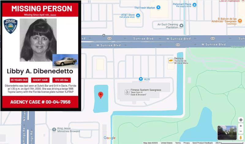 composite graphic showing a police missing-person poster superimposed on a Google satellite view depicting the vicinity of N. Flamingo Road and W. Sunrise Boulevard in Plantation, Florida