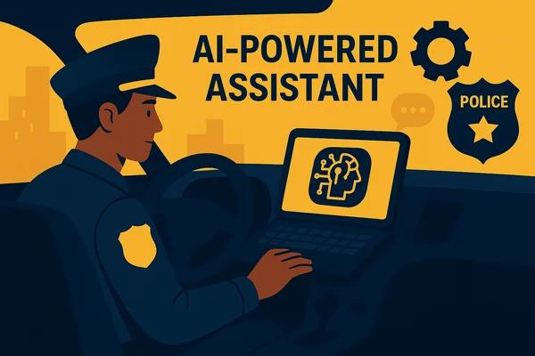 Illustration of an officer on a computer with lettering that reads, "AI-powered assistant"