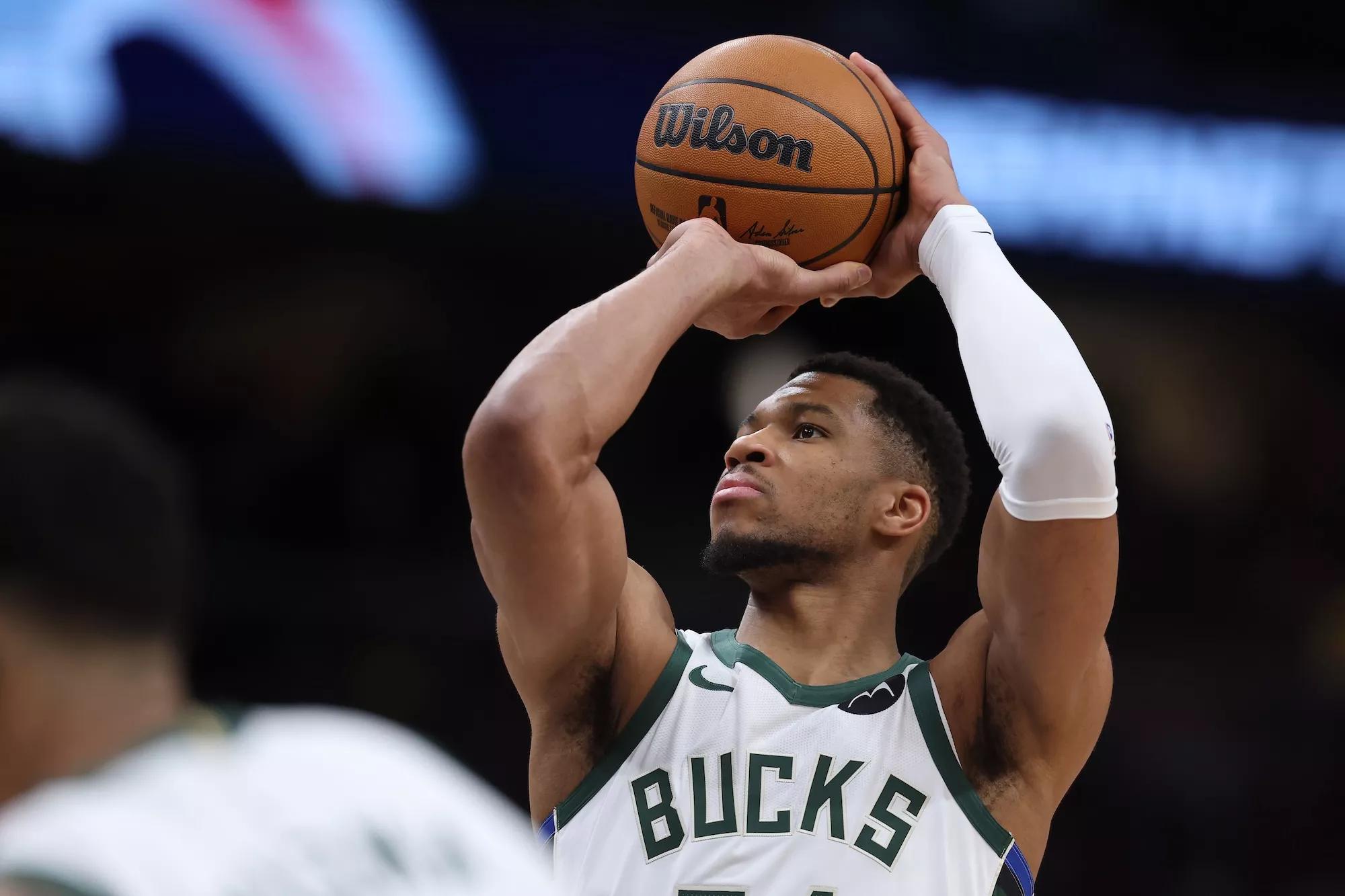 Giannis Antetokounmpo #34 of the Milwaukee Bucks shoots the ball against the Washington Wizards during the first half at Capital One Arena on February 21, 2025, in Washington, DC.