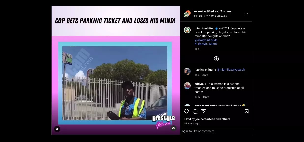 Screenshot of the Instagram post showing the cop arguing with a parking employee over a ticket