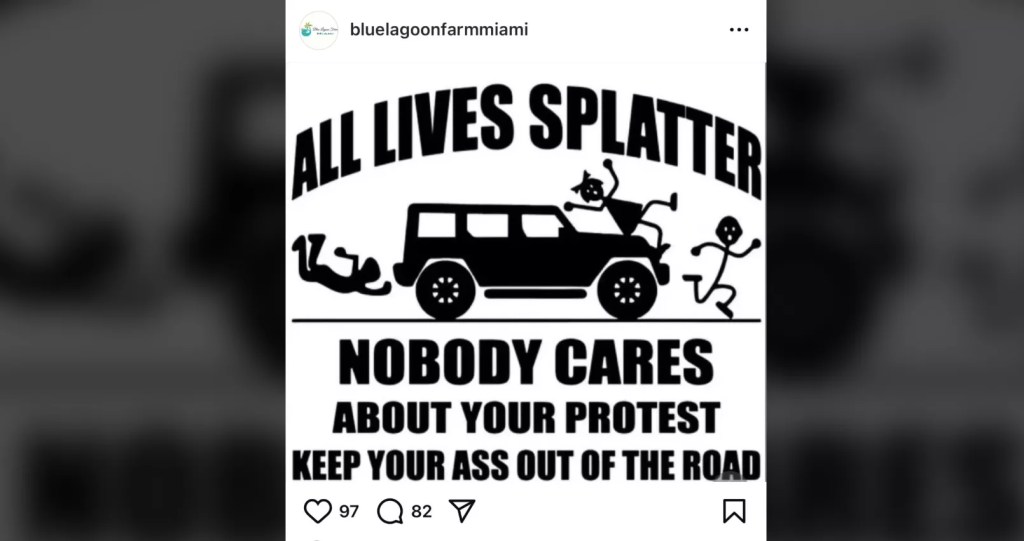 Instagram post of meme that reads "All Lives Splatter. Nobody cares about your protest. Kep your ass out of the road." A car runs over people.