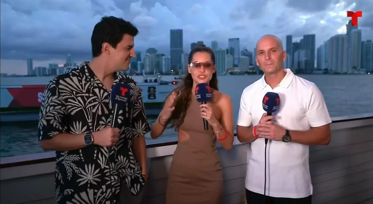 Telemundo reporters live on air from a chartered party boat in Biscayne Bay.