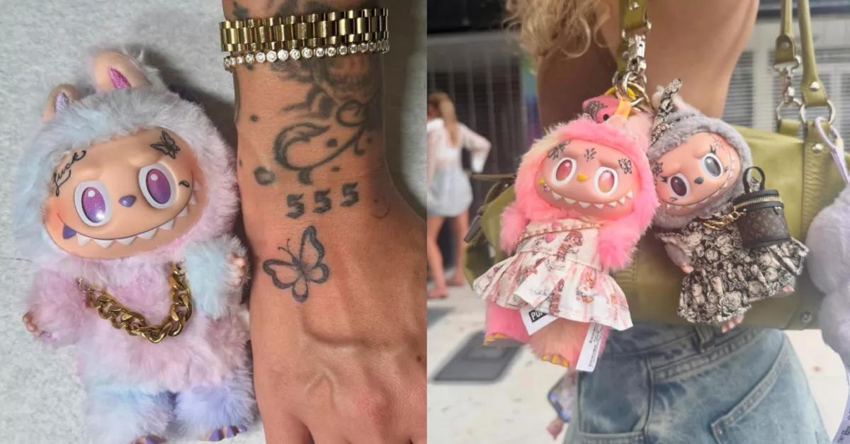 Photos of tattooed Labubu dolls.