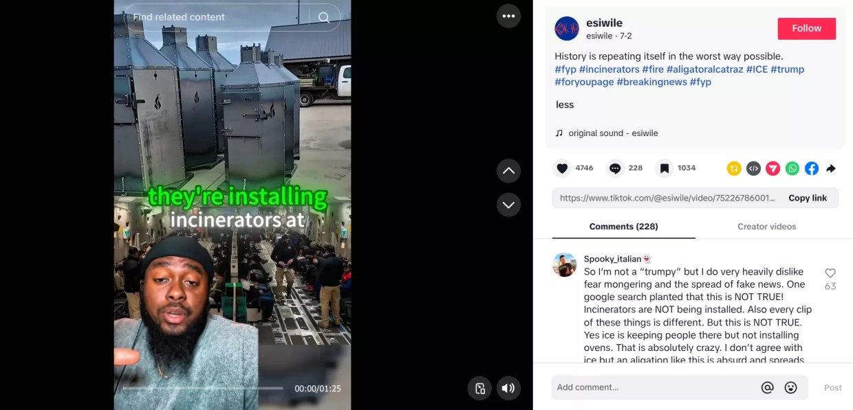 Screenshot of TikTok video showing man claiming there are incinerators at Alligator Alcatraz.