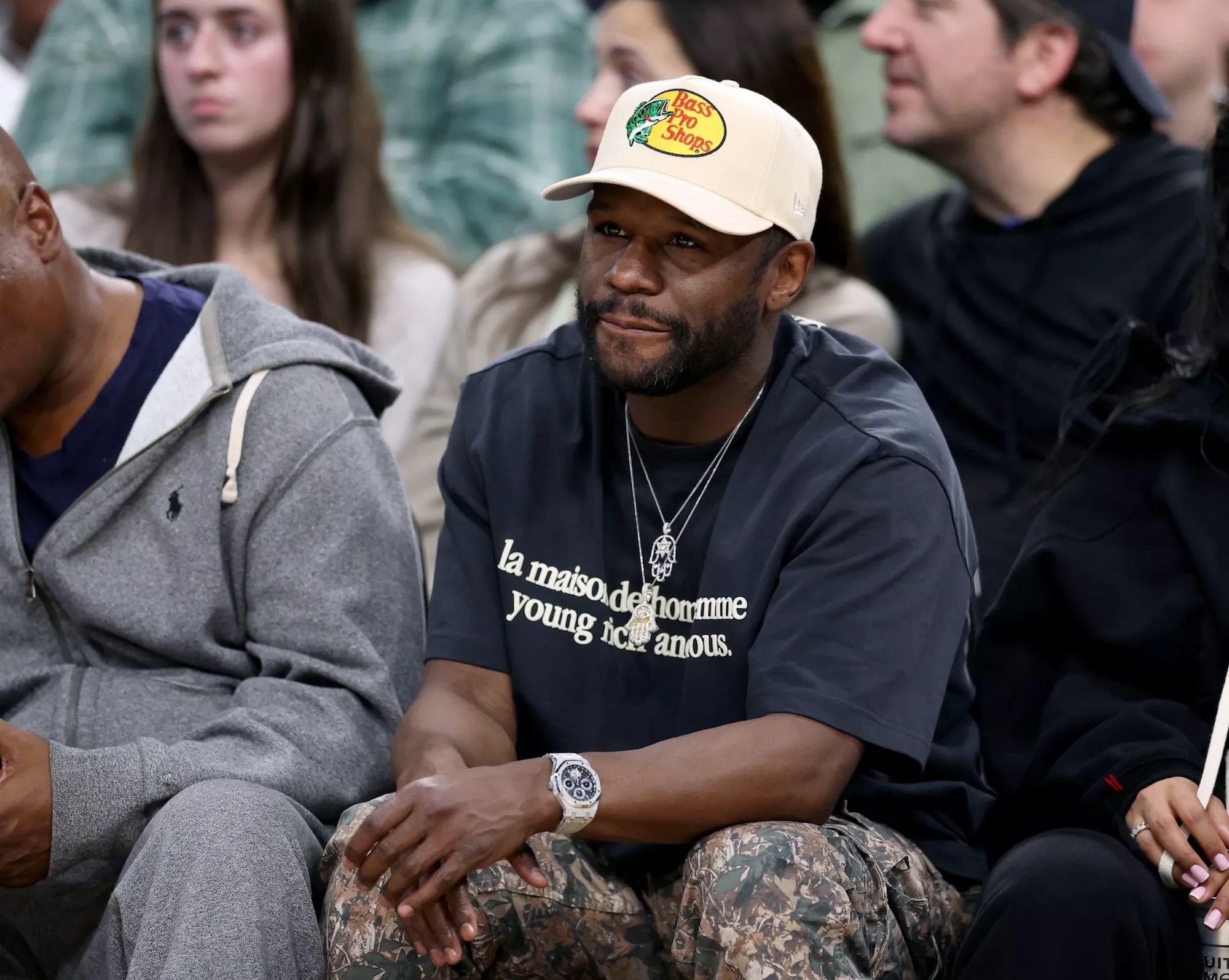 Floyd Mayweather Jr. watches during a 102-92 LA Clippers win over the Golden State Warriors at Intuit Dome in Inglewood, California, on December 27, 2024.