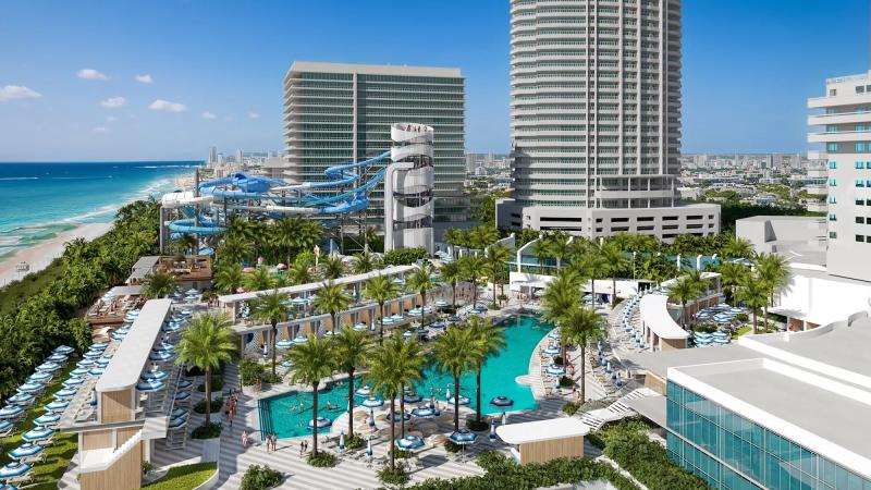 rendering of an overhead view of a hotel pool with a water park in the background