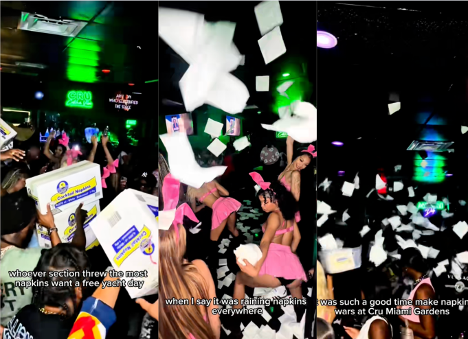 three screenshots of a TikTok video showing napkins flying around a nightclub