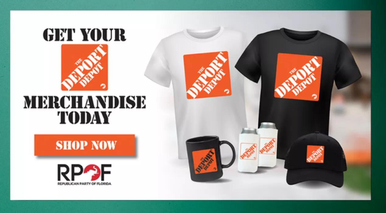 collage of images featuring T-shirts, drinking vessels, and other "The Deport Depot" merch sold by the Republican Party of Florida