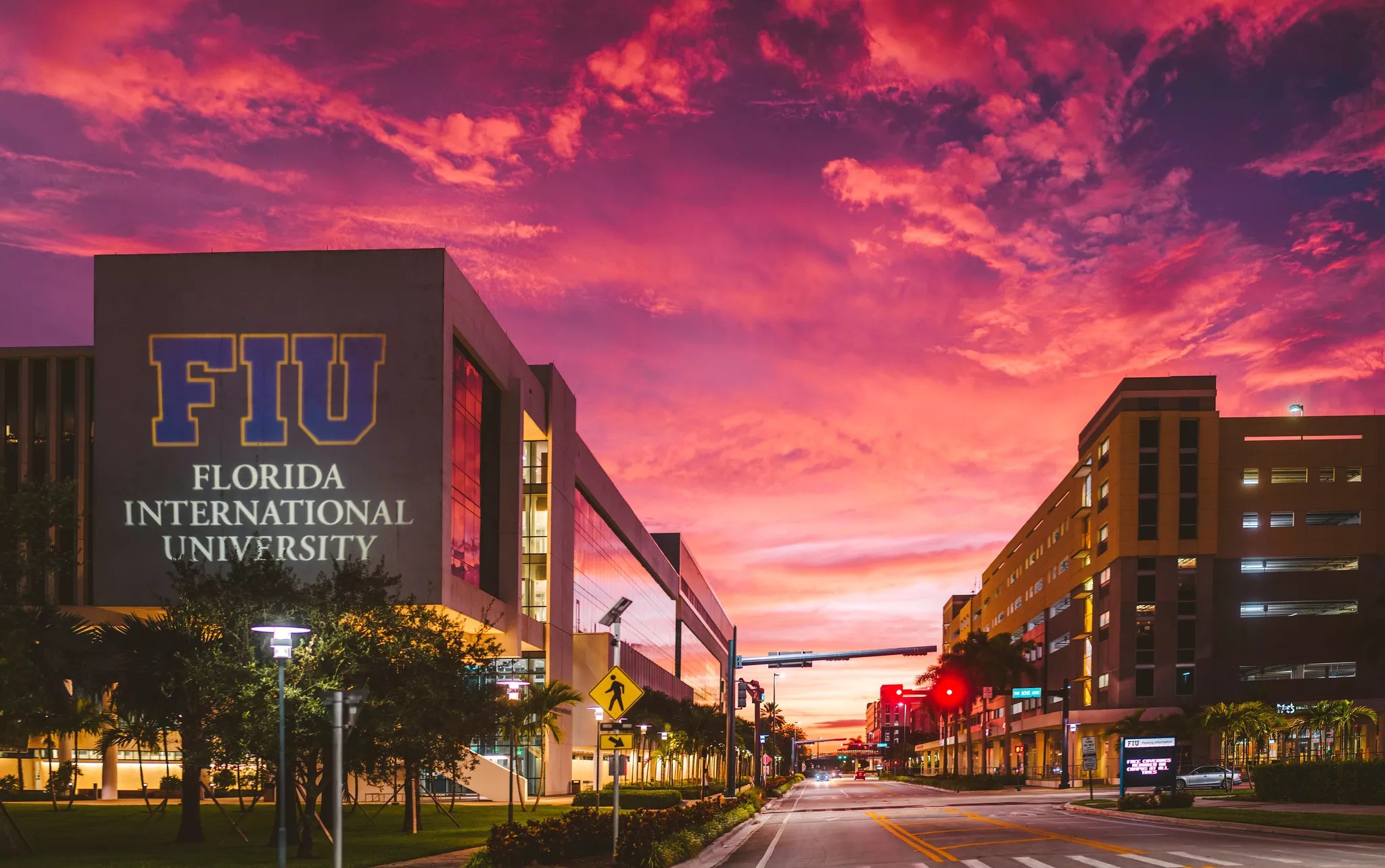 A shot of Florida International University's urban campus in Miami at sunset,