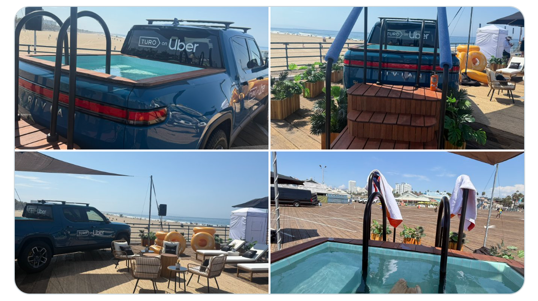 a collage of four images showing different angles of a pool inside the bed of a truck