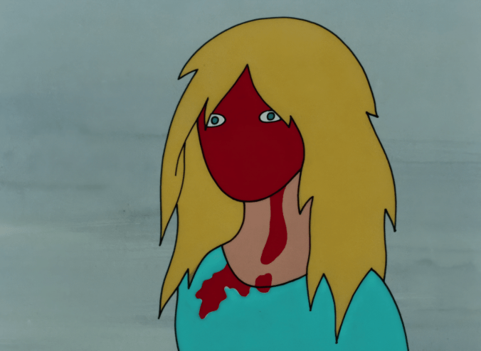 a cartoon of a blonde girl with blood on her face